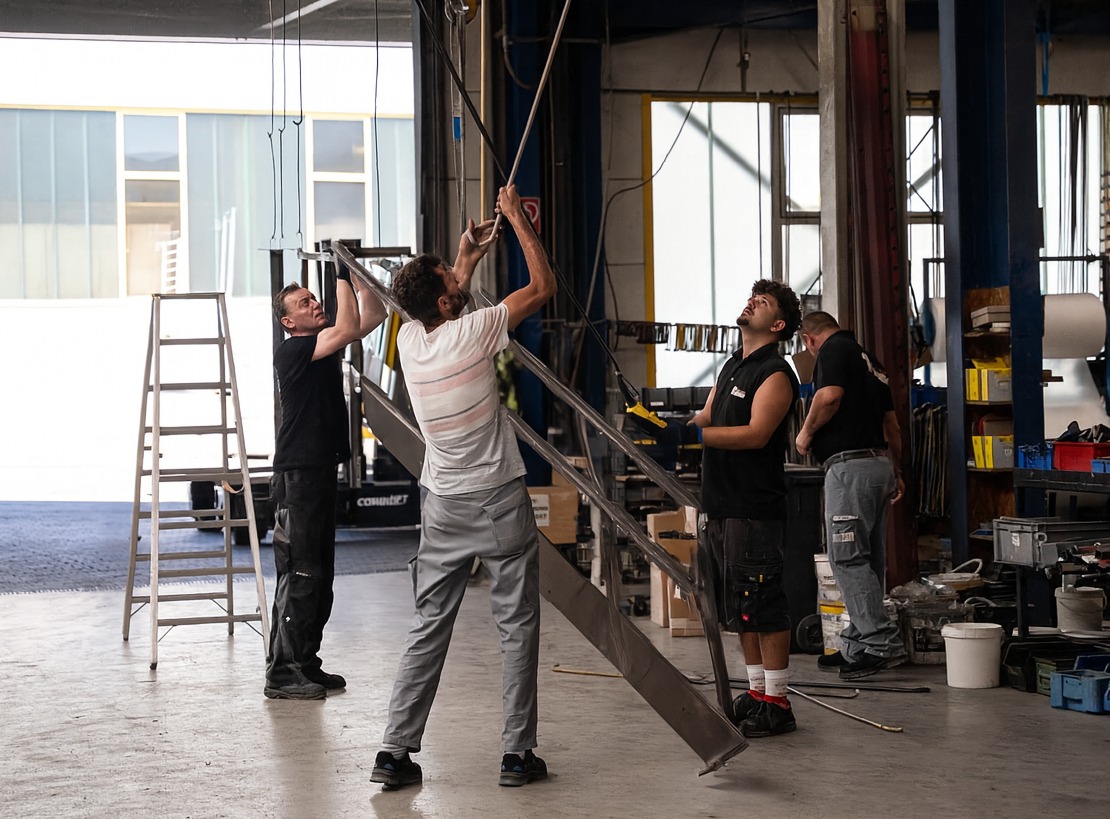 eine Gruppe von Mitarbeitern hängen ein großes Werkstück an die Traverse
